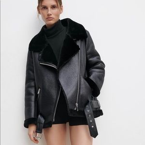 Zara Outerwear Leather Jacket w Fur Trim